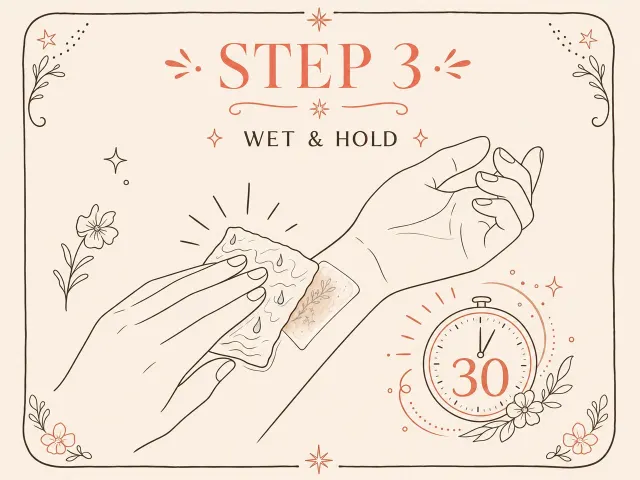 Damp cloth pressing a temporary tattoo transfer on skin.
